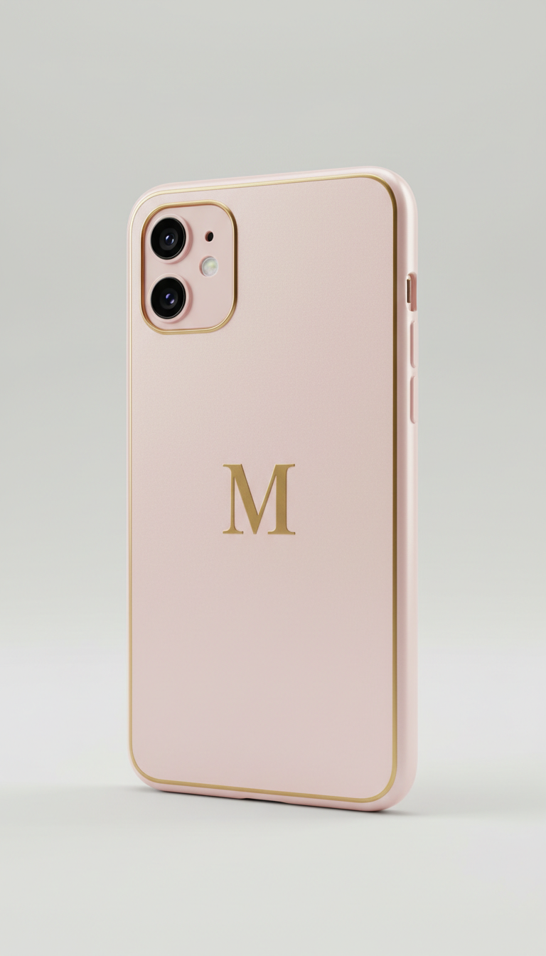 Monogram phone case designed with AI: a blush pink pearlescent case with a thin gold pinstripe running around the outer edge and a single polished gold serif capital M centred on the back
