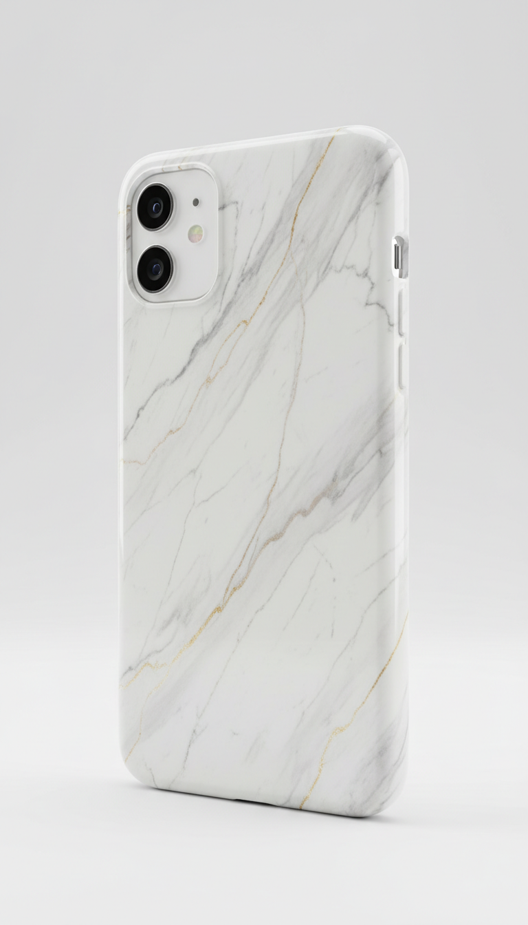 Marble phone case created by the AI phone case design generator: a glossy case printed with photorealistic white Carrara marble, grey veining running diagonally across the back with fine gold veins tracing through it, full bleed to every edge