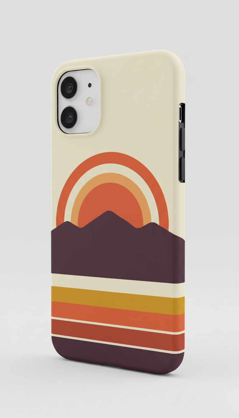 Retro graphic phone case generated by AI: a cream case with banded arcs of coral and burnt orange forming a stylised sun behind a deep plum mountain silhouette, over horizontal stripes in mustard, rust and cream across the lower part of the case
