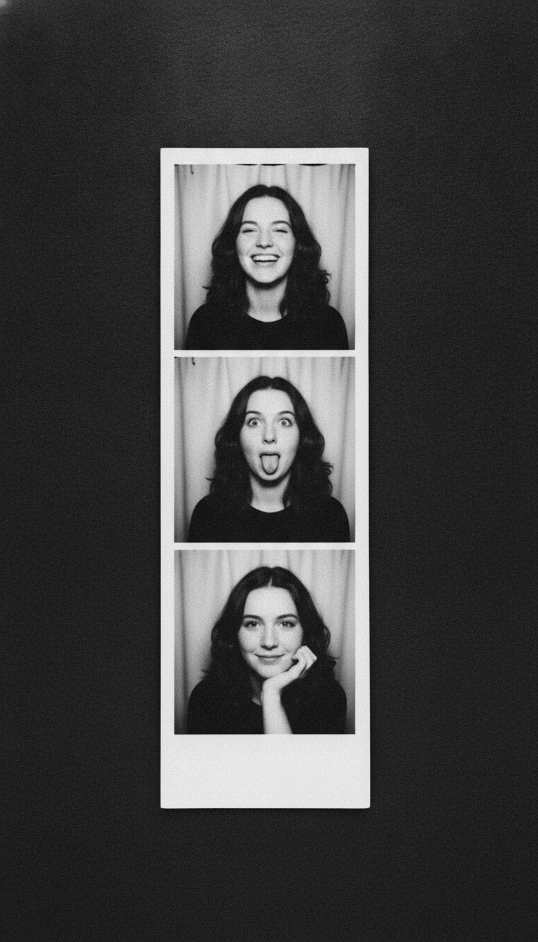 AI photo booth generator result in classic black and white: a vertical strip of three square frames showing the same young woman with dark wavy hair against a pale booth curtain, first laughing, then pulling a silly face with her tongue out, then resting her chin on her hand