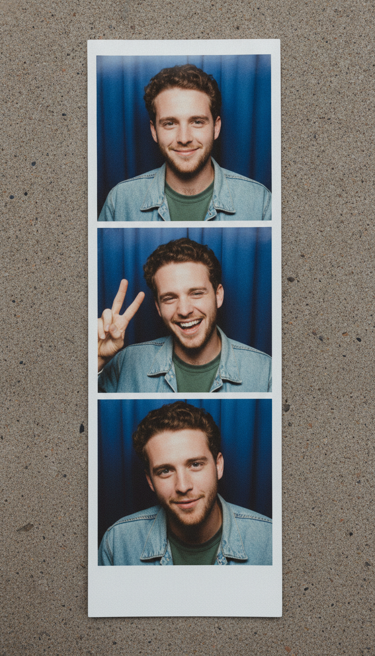 Retro nineties colour photo booth strip made with AI: three stacked frames of the same young man in a denim jacket and green tee against a blue curtain, grinning, throwing a peace sign mid laugh, then leaning in with a soft smile