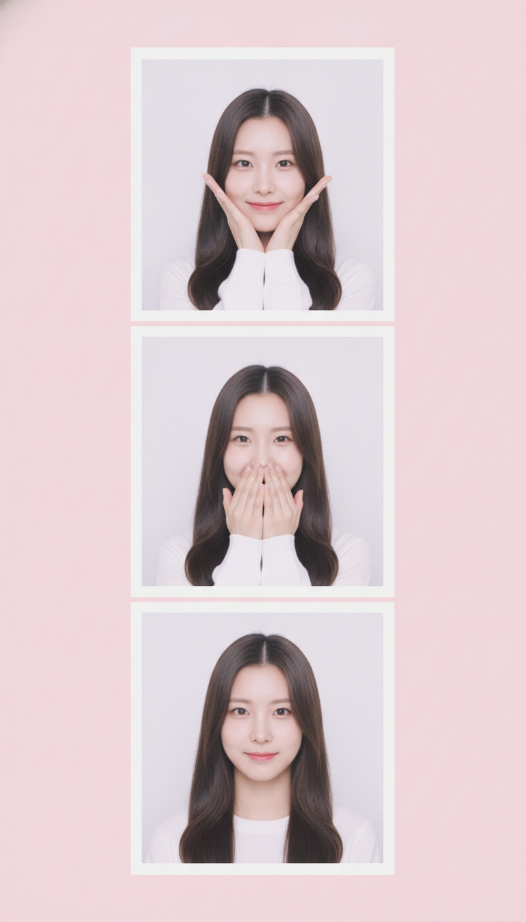 Korean self photo studio style strip from the AI photo booth generator: three frames with wide white borders on a soft pink background, the same young woman with long dark hair framing her face, laughing behind her hands, then looking calmly ahead