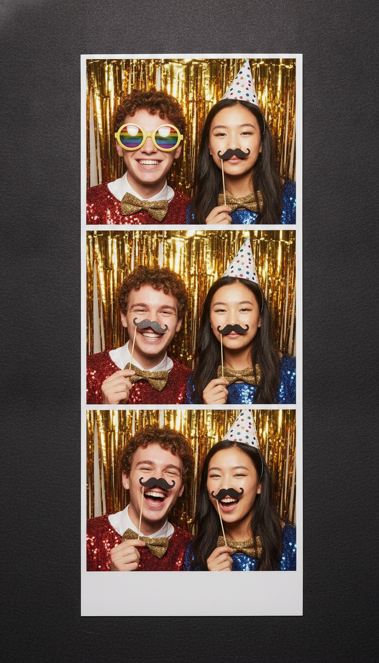 Party photo booth strip created by AI: three frames of the same two friends in sequinned jackets in front of a gold foil fringe curtain, wearing novelty rainbow glasses and a party hat and holding cardboard moustache props, caught mid laugh