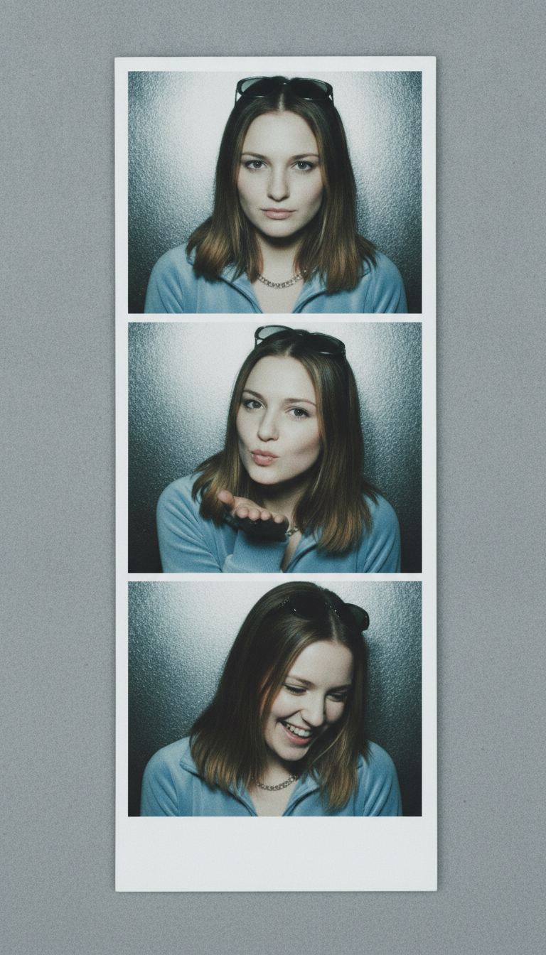 Y2K flash photo booth strip from the AI photo booth generator: three frames of the same young woman with sunglasses pushed up on her head, lit by a harsh direct flash against a silver grey booth wall, staring blankly, blowing a kiss, then looking down laughing
