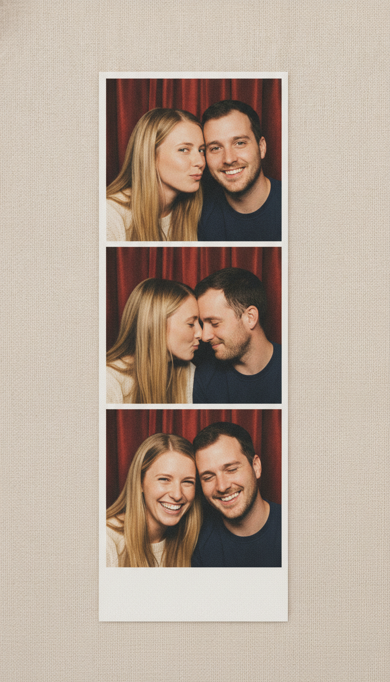 Couple photo booth strip generated with AI: three warm-toned frames of the same blonde woman in a cream sweater and dark haired man in a navy shirt cheek to cheek against a deep red curtain, kissing his cheek, touching foreheads, then laughing together