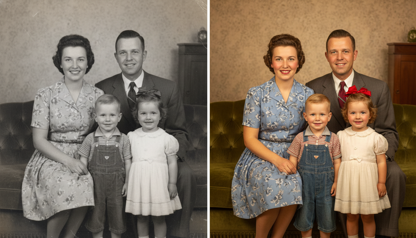 Before and after of a black and white family portrait colorized by the AI photo colorizer into natural color