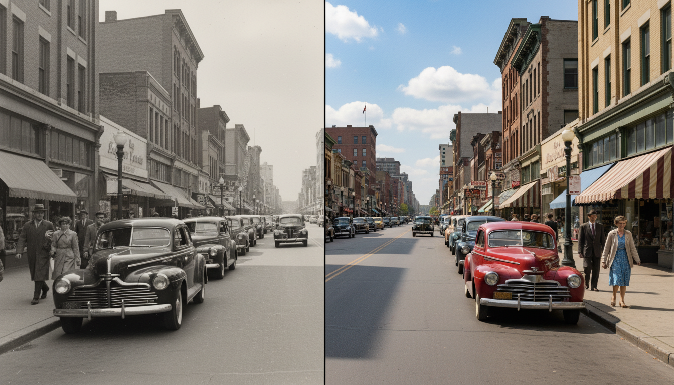 Vintage 1940s black and white street scene colorized by AI into realistic color
