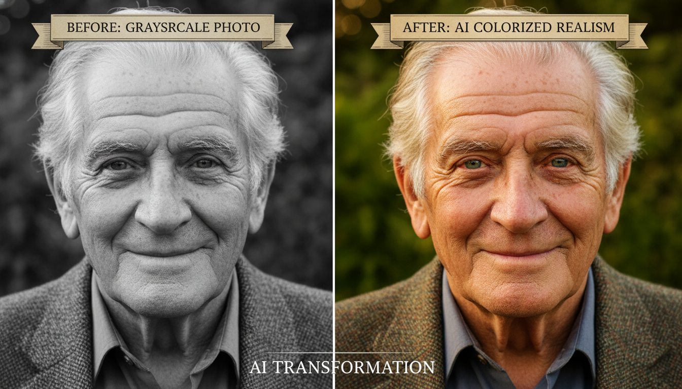 Grayscale portrait of an elderly man colorized into a realistic color photo by the AI photo colorizer