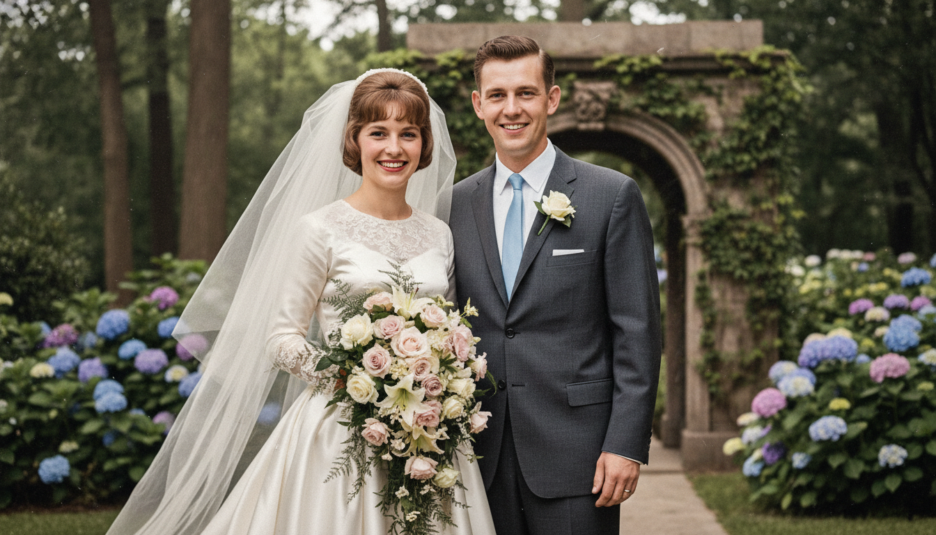 Old faded black and white wedding photo restored and colorized by AI into rich natural color