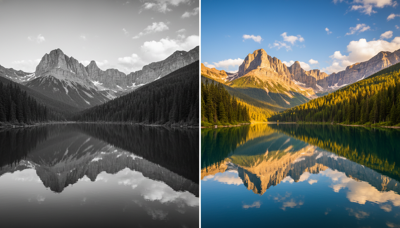 Black and white landscape photo colorized by AI into vibrant realistic color with blue sky and green forest