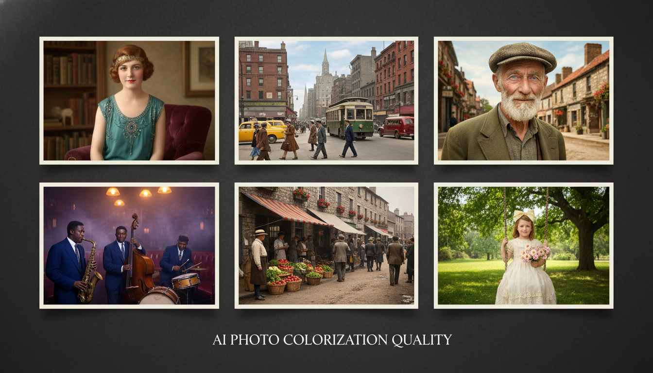 Collage of six historic black and white photos colorized by the AI photo colorizer into natural color