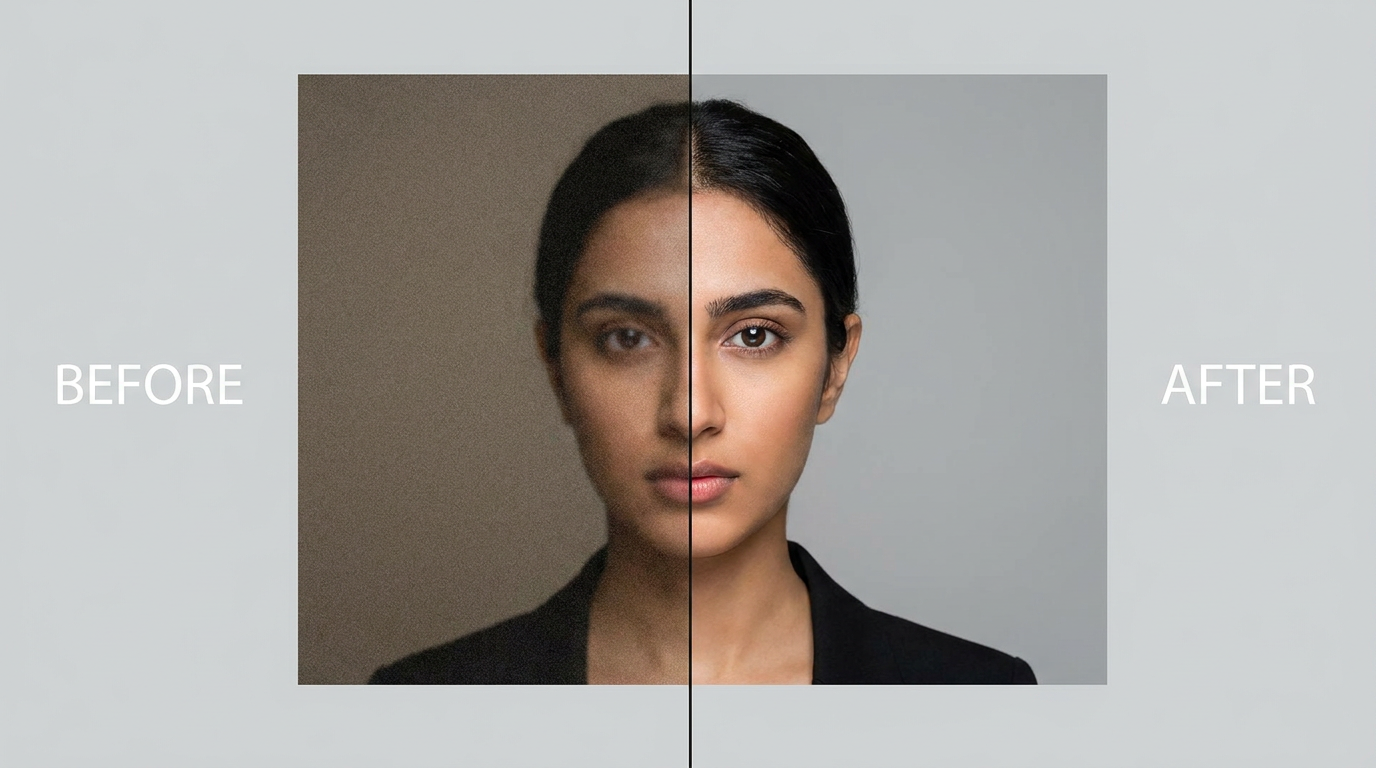 AI photo enhancer before and after — a blurry dull portrait transformed into a sharp vibrant high-resolution image