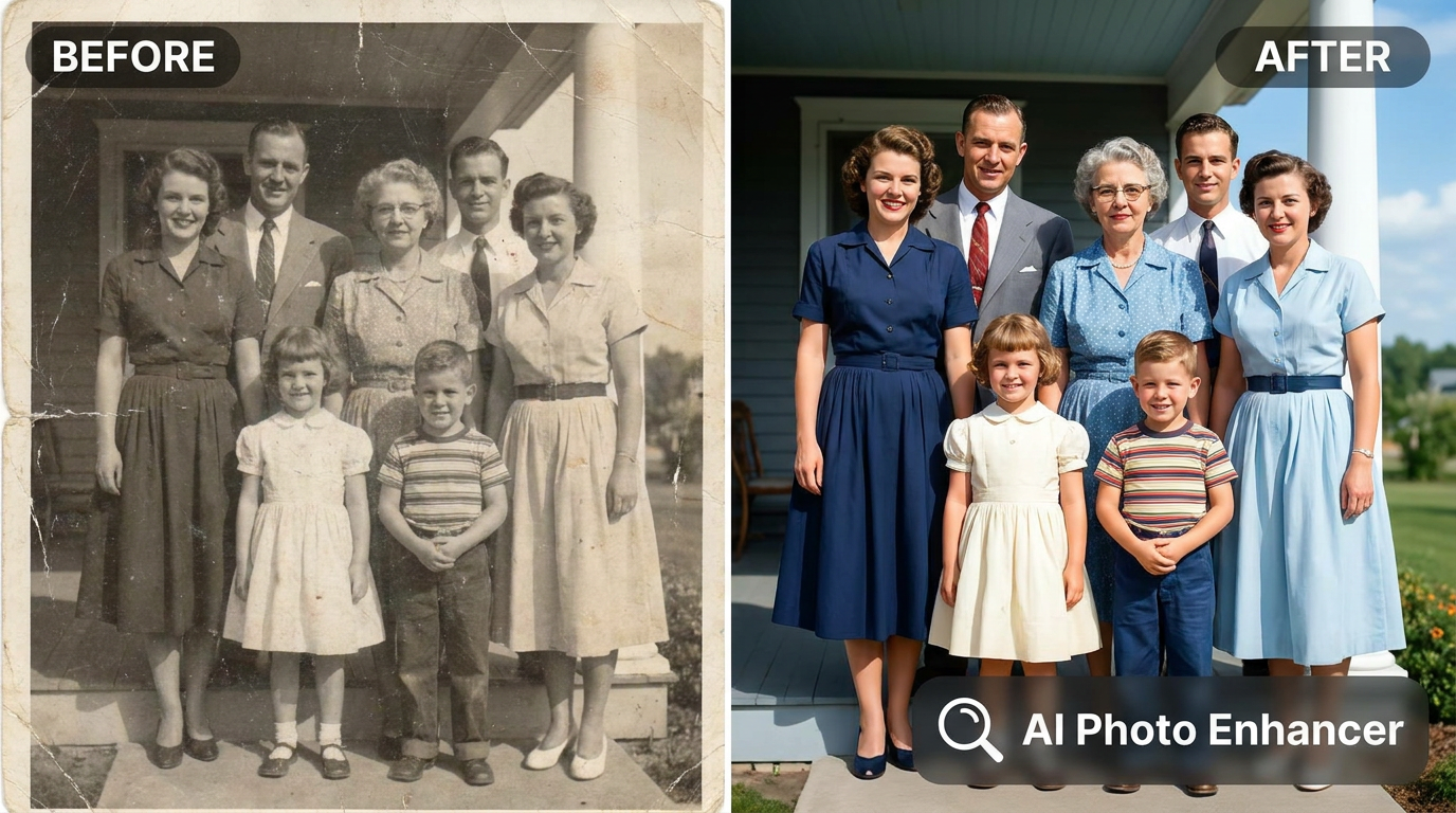 AI photo enhancer restoring an old faded grainy family photo into a clear vibrant image