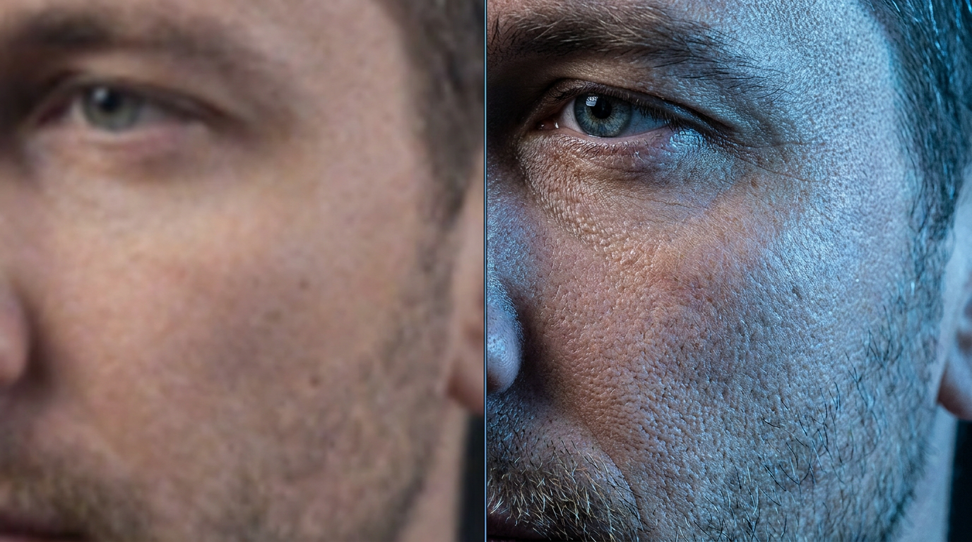 Close-up showing the AI photo enhancer improving facial detail and skin texture, grainy to crystal clear
