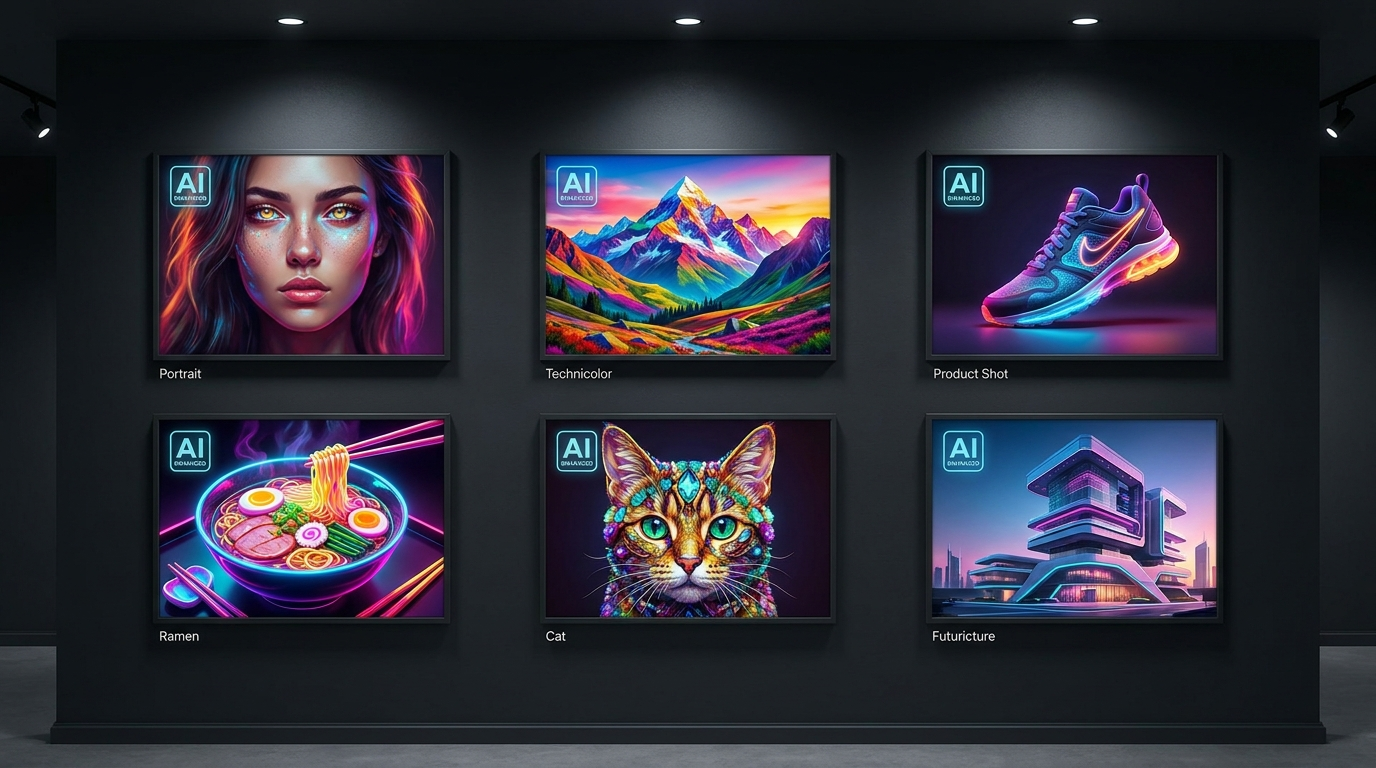 Grid of six AI-enhanced photos across portrait, landscape, product, food, pet, and architecture subjects