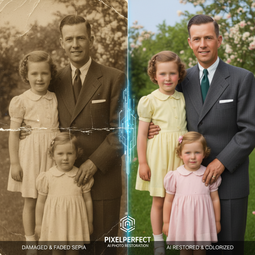 AI photo restoration tool banner — split-screen with damaged sepia 1940s family portrait restored to vibrant color, scratches and creases removed, museum-archival quality AI image repair