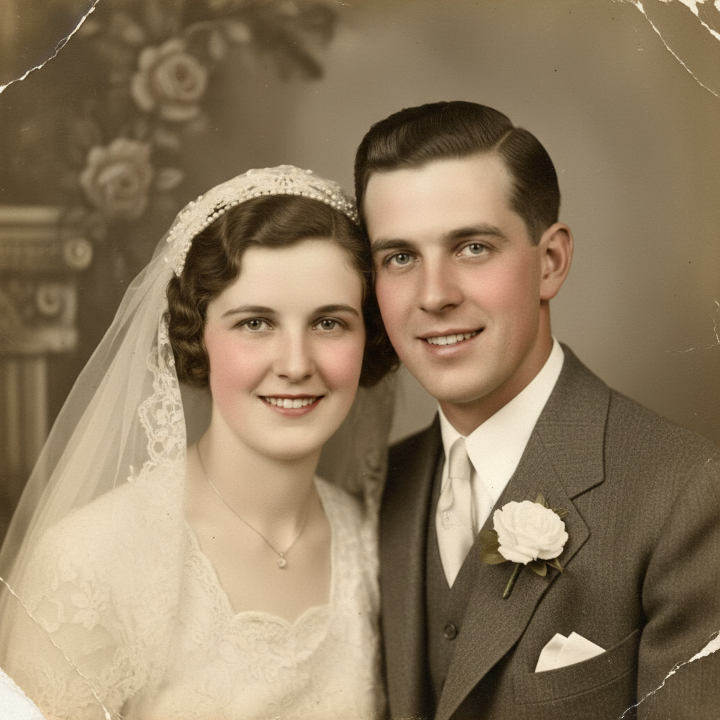 AI photo restoration tool result — restored vintage 1920s wedding portrait with skin tone correction, sharp facial features, sepia-to-natural color transition, AI photo enhancement showcase
