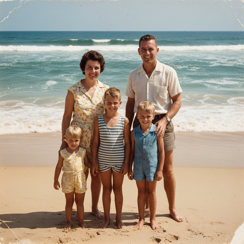 AI photo restoration tool result — black-and-white 1960s family beach photograph restored to full natural color with realistic skin tones, AI vintage photo restoration showcase