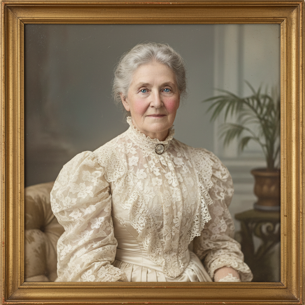 AI photo restoration tool result — antique 1890s Victorian portrait of a grandmother in lace dress, scratches and water stains fully repaired, restored fabric textures, museum-grade AI image repair