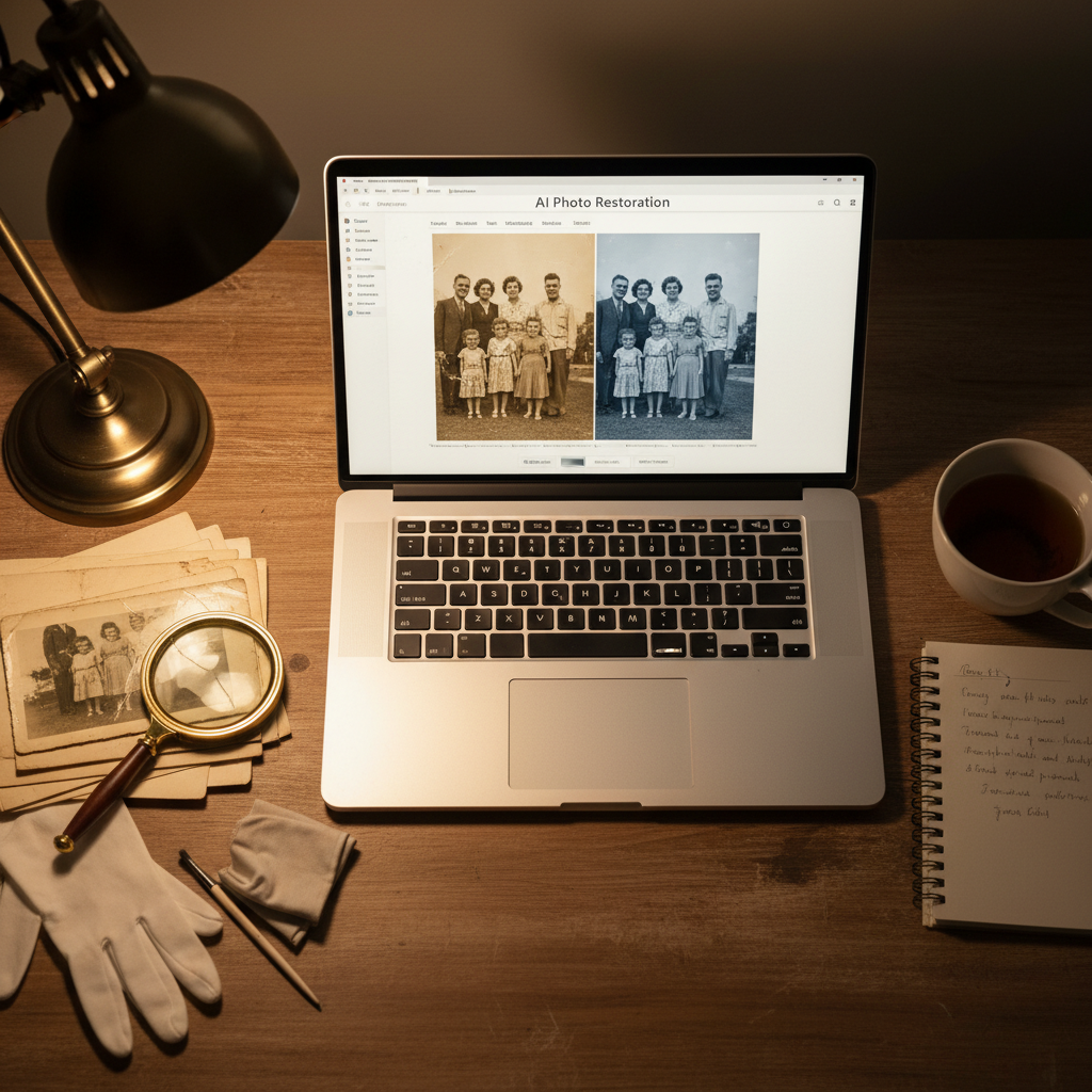 AI photo restoration tool workspace — overhead desk with damaged 1950s and 1960s family photographs, laptop showing AI photo restoration tool interface, family historian workflow