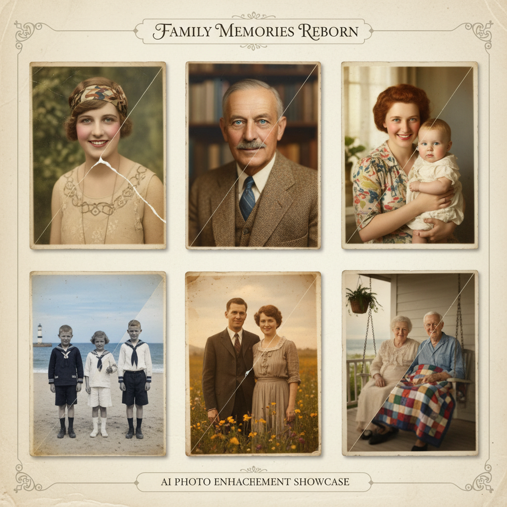 AI photo restoration tool result grid — six restored vintage portraits in album spread layout, before-and-after restoration showcase, AI photo enhancement and AI image repair gallery