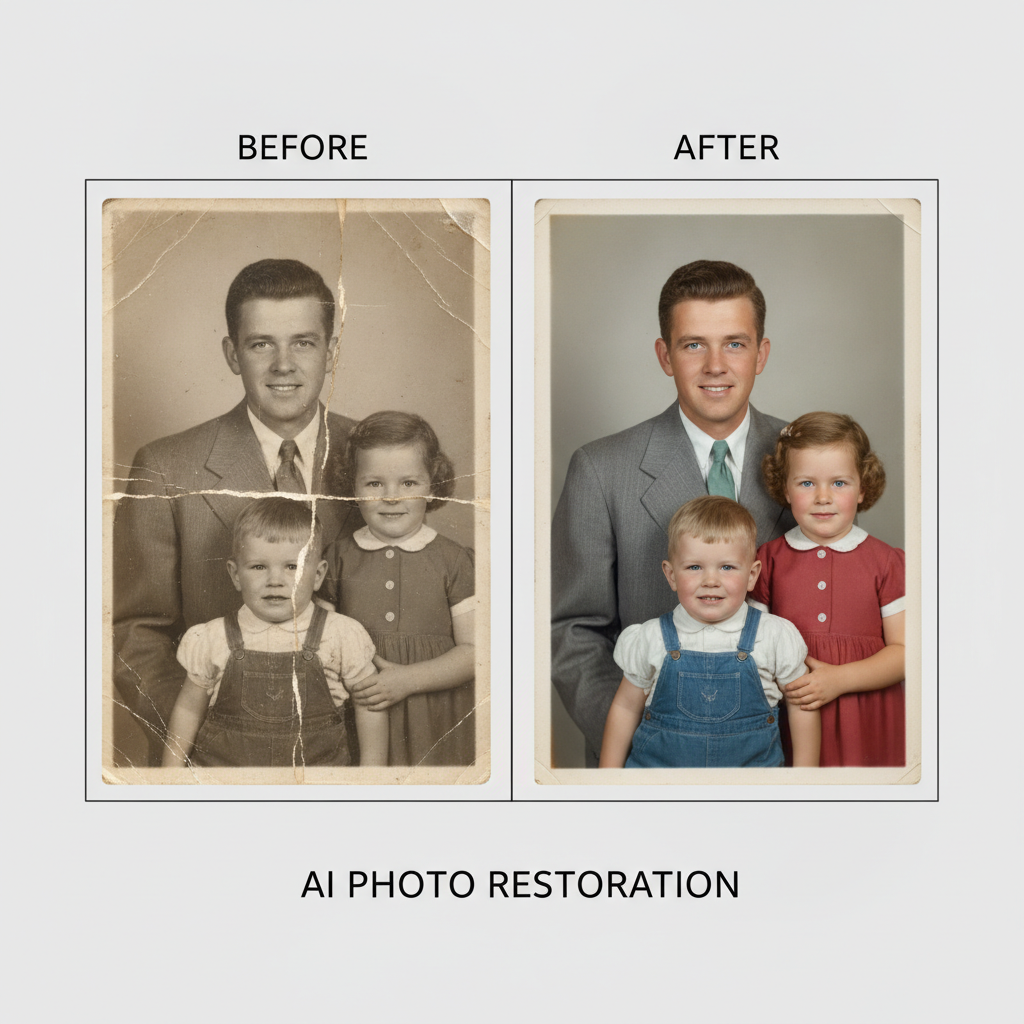 AI photo restoration before and after of a damaged faded family portrait restored to a clear vibrant version