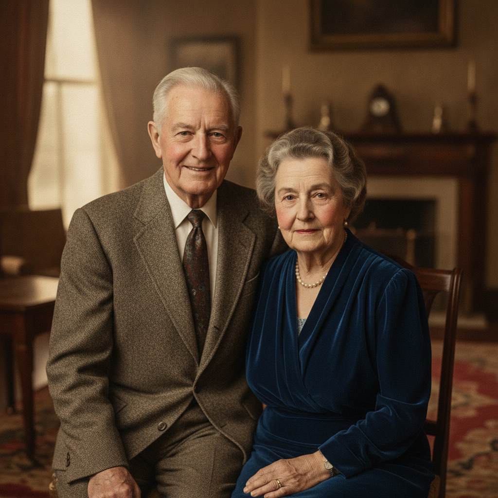 AI photo restoration of an old sepia 1920s couple photograph with scratches and cracks removed and natural color added