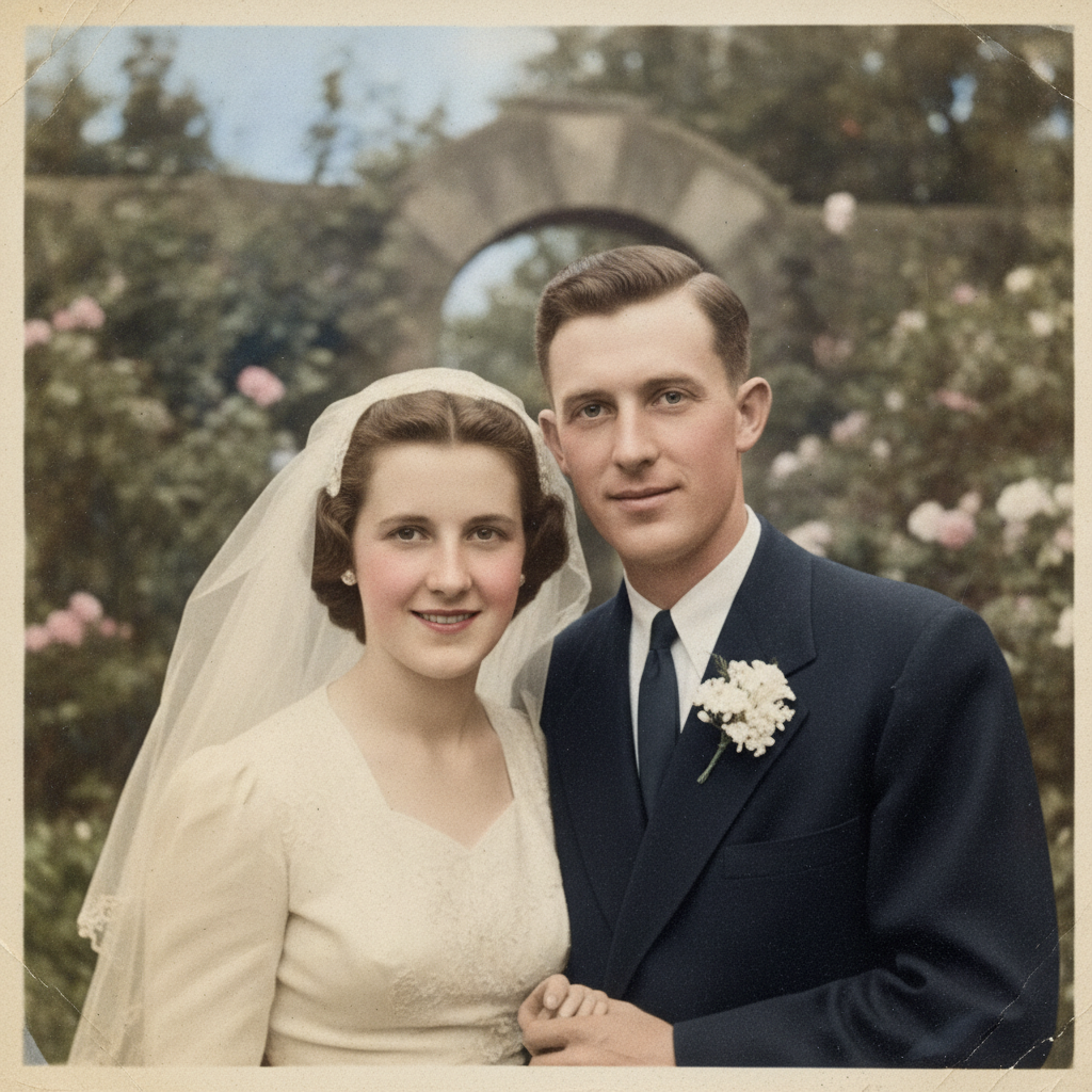 AI photo restoration of a creased water-damaged childhood photo with faded colors and scratches repaired