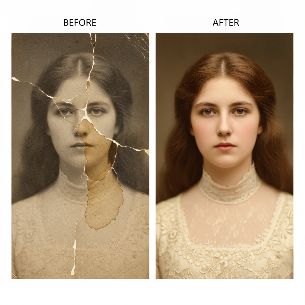 AI photo restoration enhancing a grainy low resolution old photo into a sharp high definition image