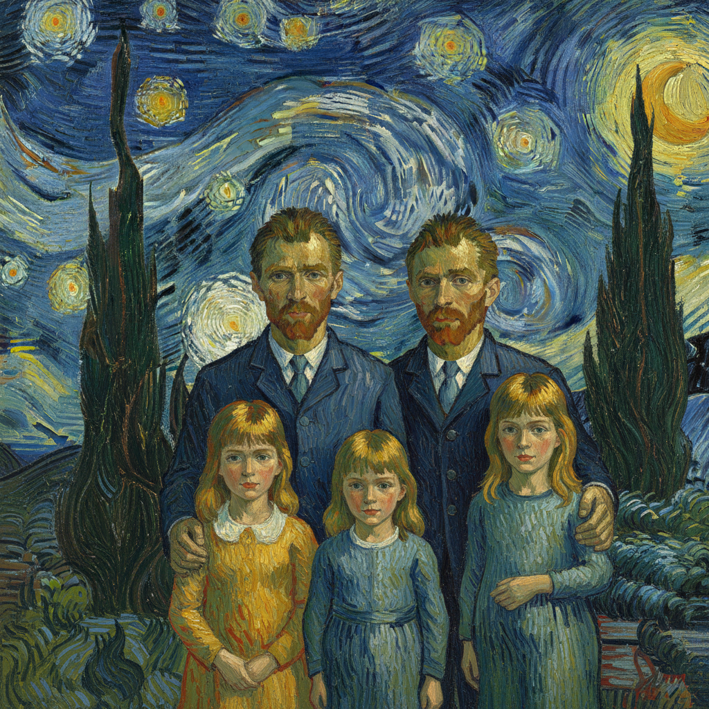 Family photo transformed into a Van Gogh style painting with swirling brushstrokes by the AI photo to painting generator