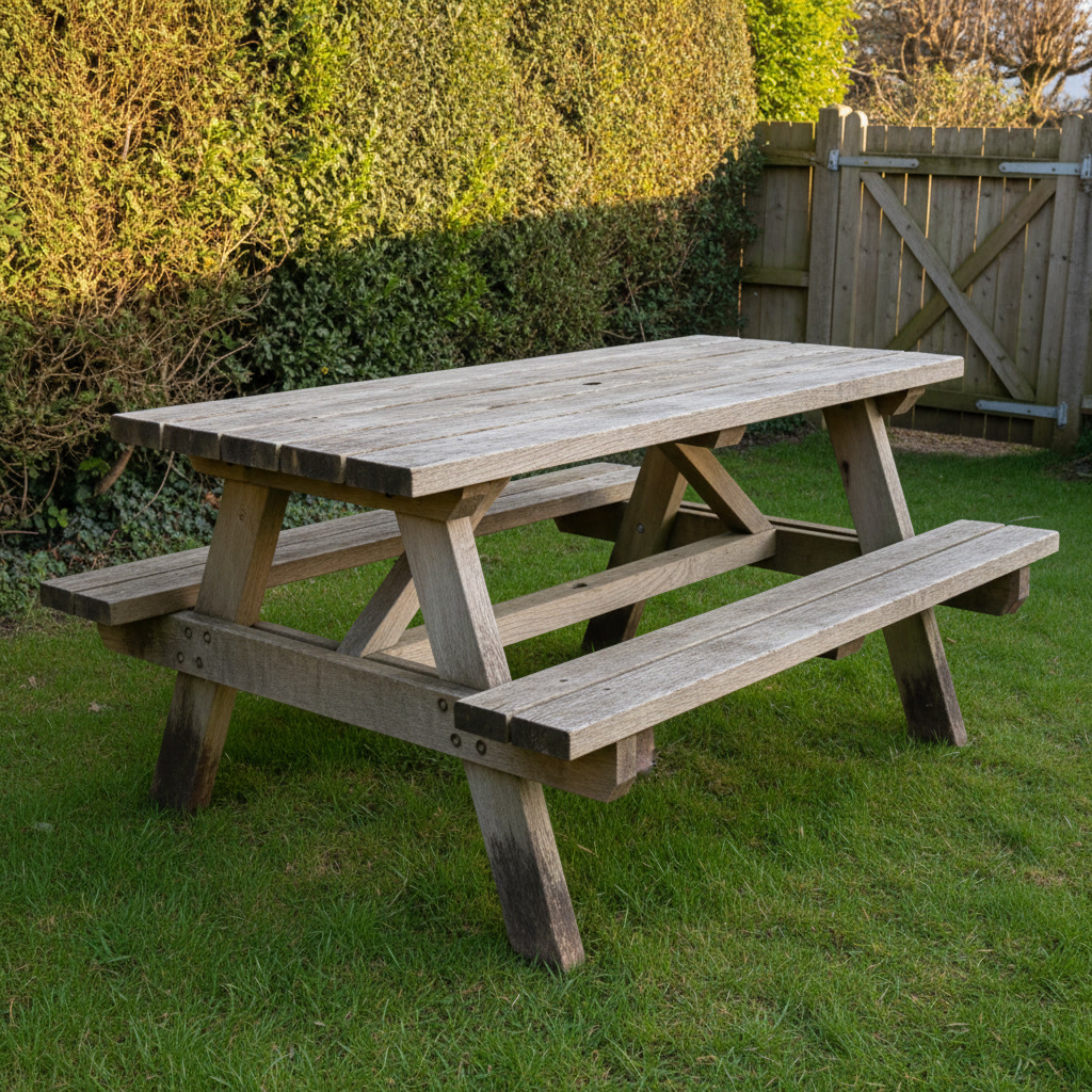 AI picnic table design generator result: a classic A-frame picnic table in weathered rough-sawn oak on mown grass, its legs crossing at one point under the top and greyed dark where they meet the grass, with a hedge and a timber gate behind and low warm sunlight from the left.