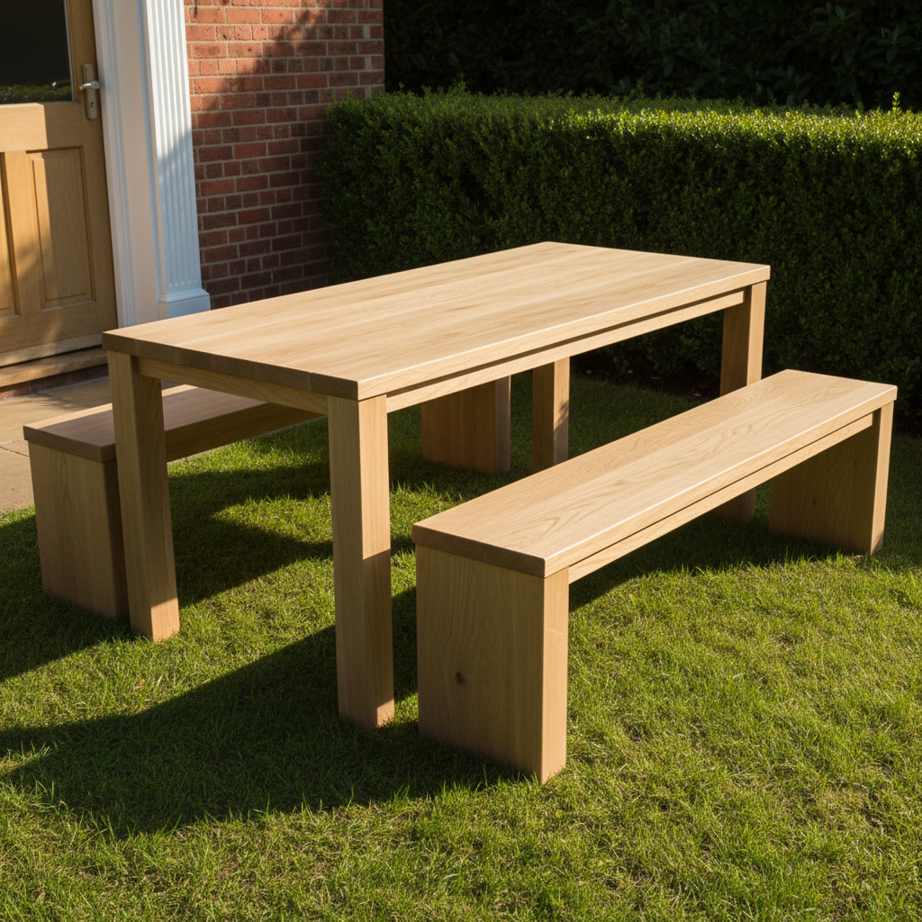 AI picnic table design generator result: a modern minimalist picnic table in pale unfinished oak with square straight legs and a flush bench along each side, standing on mown grass beside a clipped box hedge with a brick house wall behind, in soft morning light from the right.