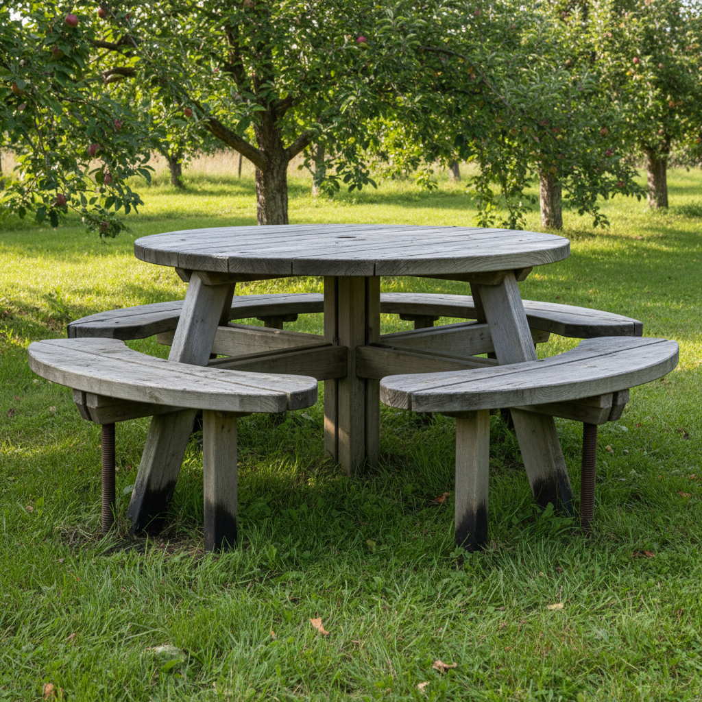 AI picnic table design generator result: a round picnic table of weathered larch with a true circular top and curved bench sections ringing it, standing on mown grass in an orchard under dappled afternoon light coming through apple trees.
