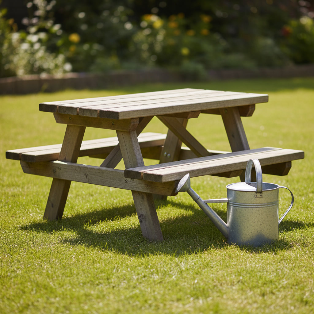 AI picnic table design generator result: a small child-sized picnic table of weathered softwood on mown grass, with a plain galvanised watering can standing beside it at the same height as the table top to show how low the table is.