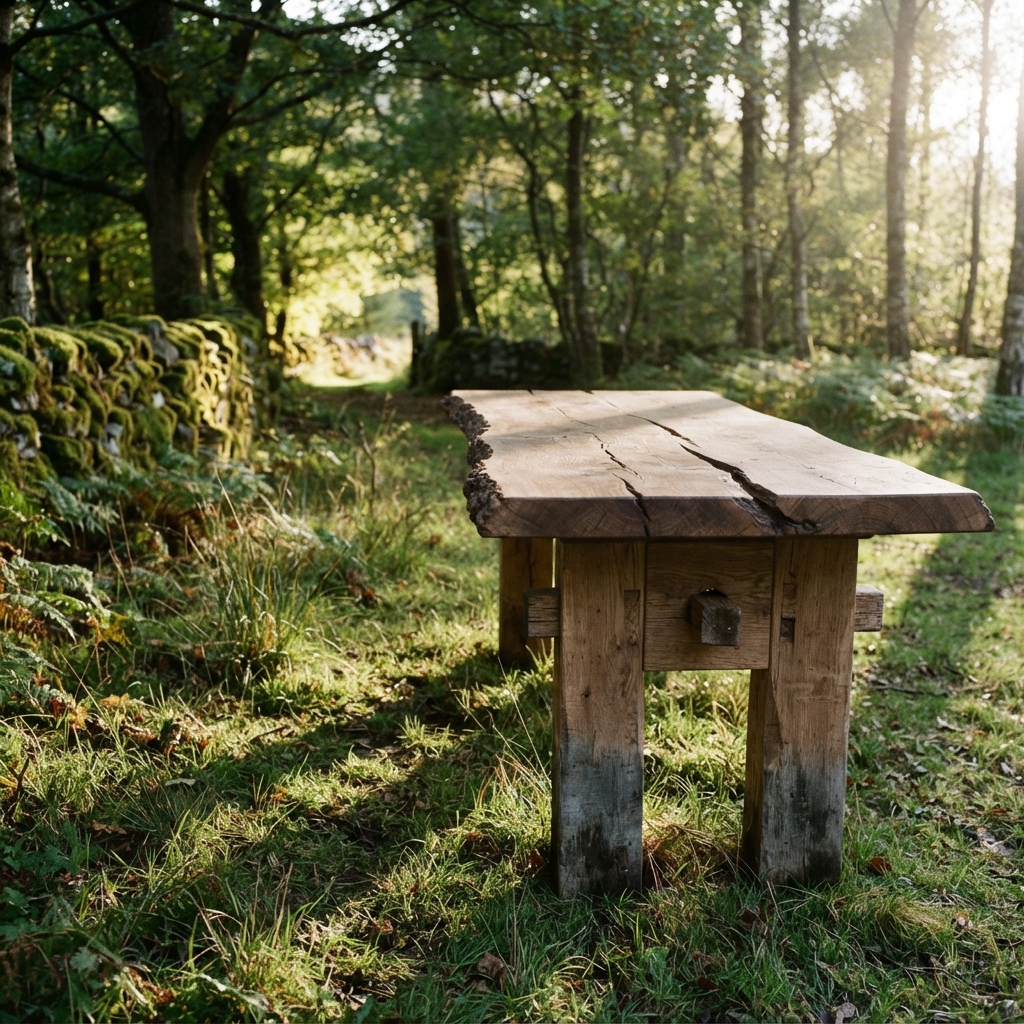 AI picnic table design generator result: a heavy live-edge picnic table whose top is a single thick oak slab with a wavy natural bark edge, carried on chunky square trestle legs, standing on grass in a woodland clearing beside a mossy stone wall.
