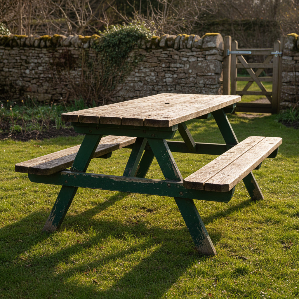 AI picnic table design generator result: a picnic table with deep forest green painted legs, rails and bench seats under a bare weathered oak top, the green paint chipped back to bare timber at the foot of each leg, standing on grass in a cottage garden.