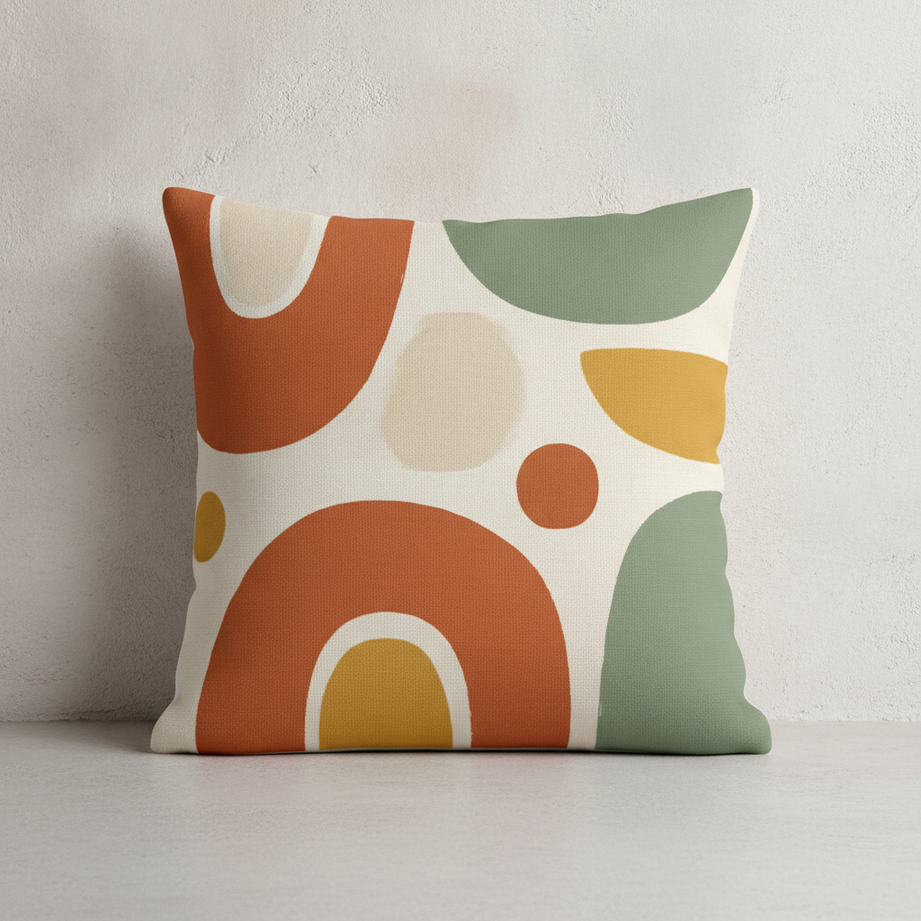 AI pillow design generator result: a linen throw pillow printed edge to edge with bold abstract arches, half circles and offset dots in terracotta, sage green, cream and warm ochre