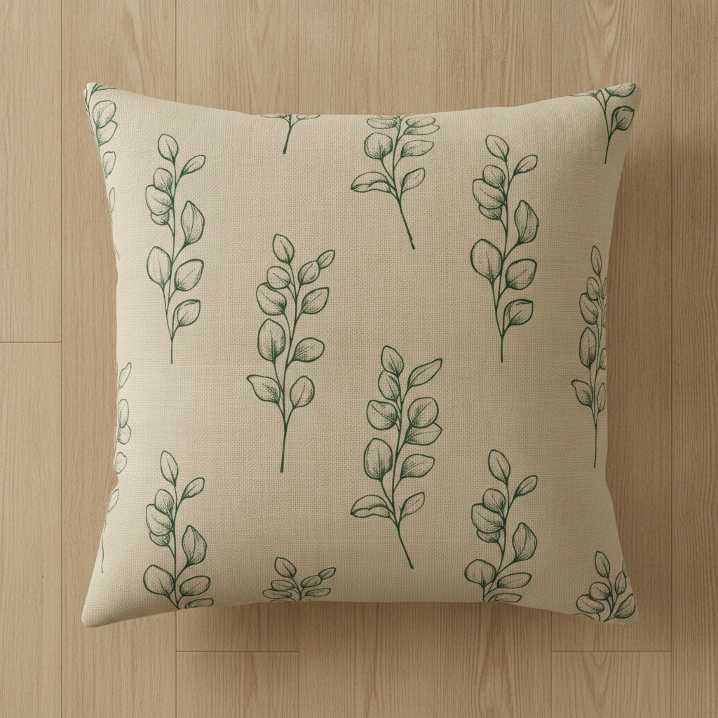 Botanical throw pillow design made with AI: a cotton cushion printed with a seamless repeat of ink drawn eucalyptus leaves in deep forest green on a warm cream ground