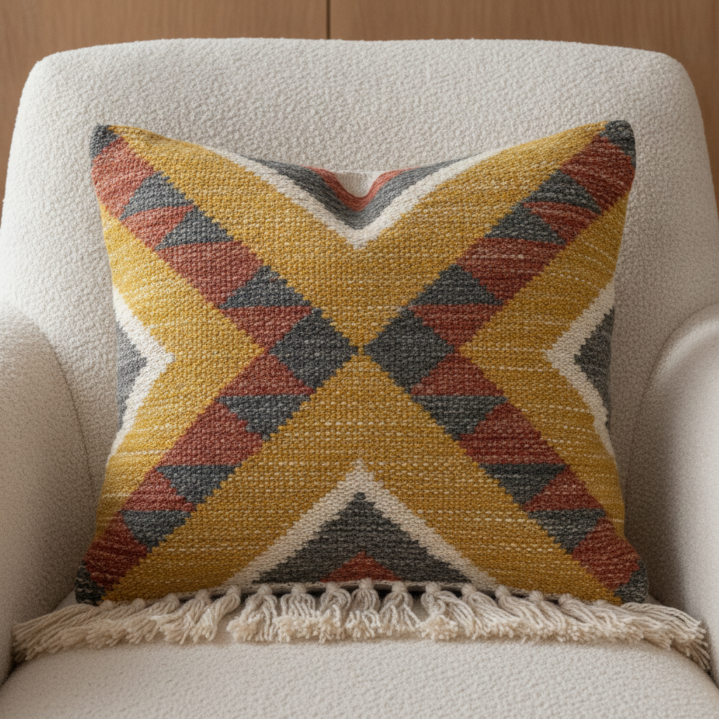 Woven geometric cushion design from the AI pillow design generator: interlocking triangles and stepped diamonds in mustard, charcoal, rust and undyed natural with visible yarn texture and a short fringe