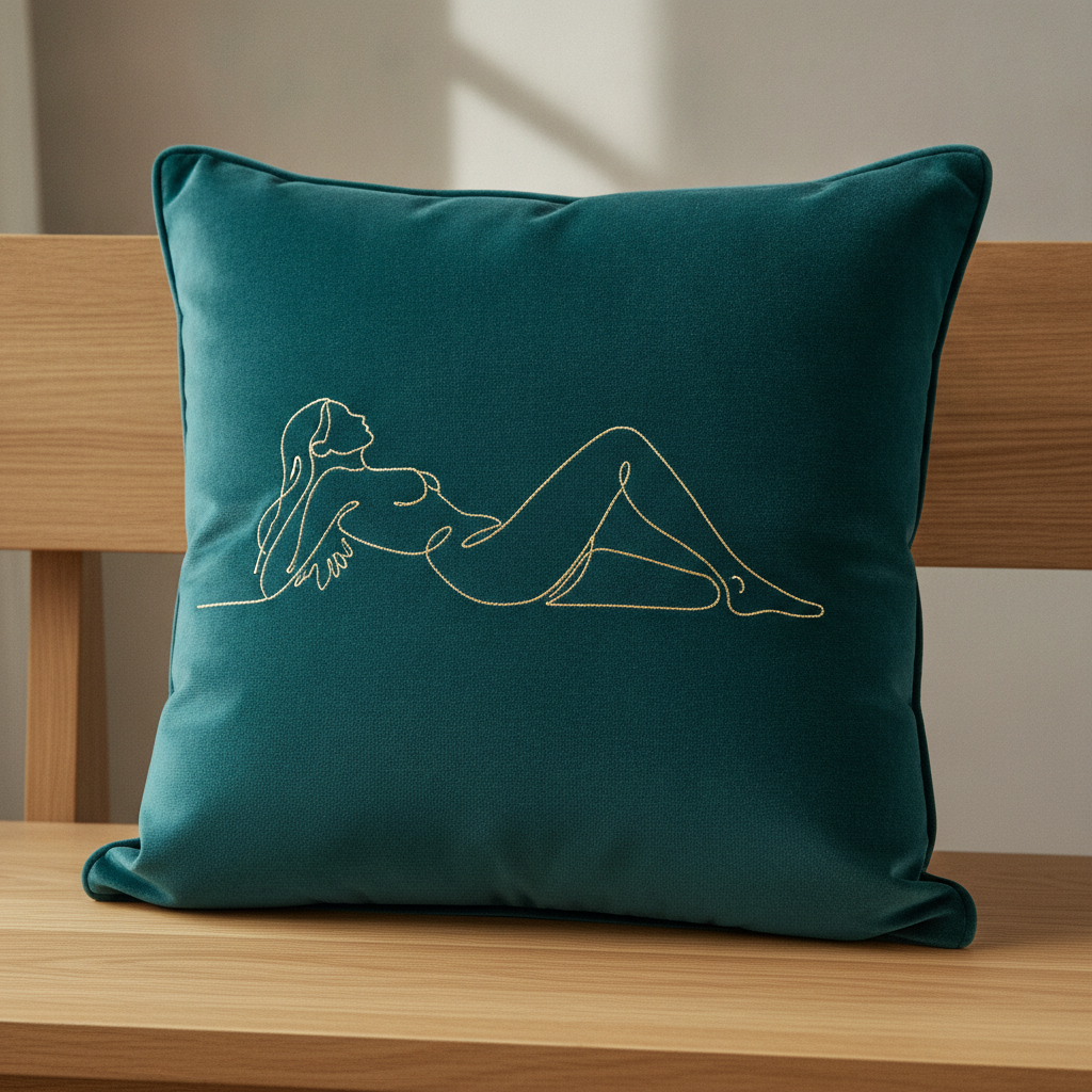 Embroidered pillow design made with AI: a deep teal velvet cushion with a single continuous gold thread line drawing of a reclining figure and a matching piped edge