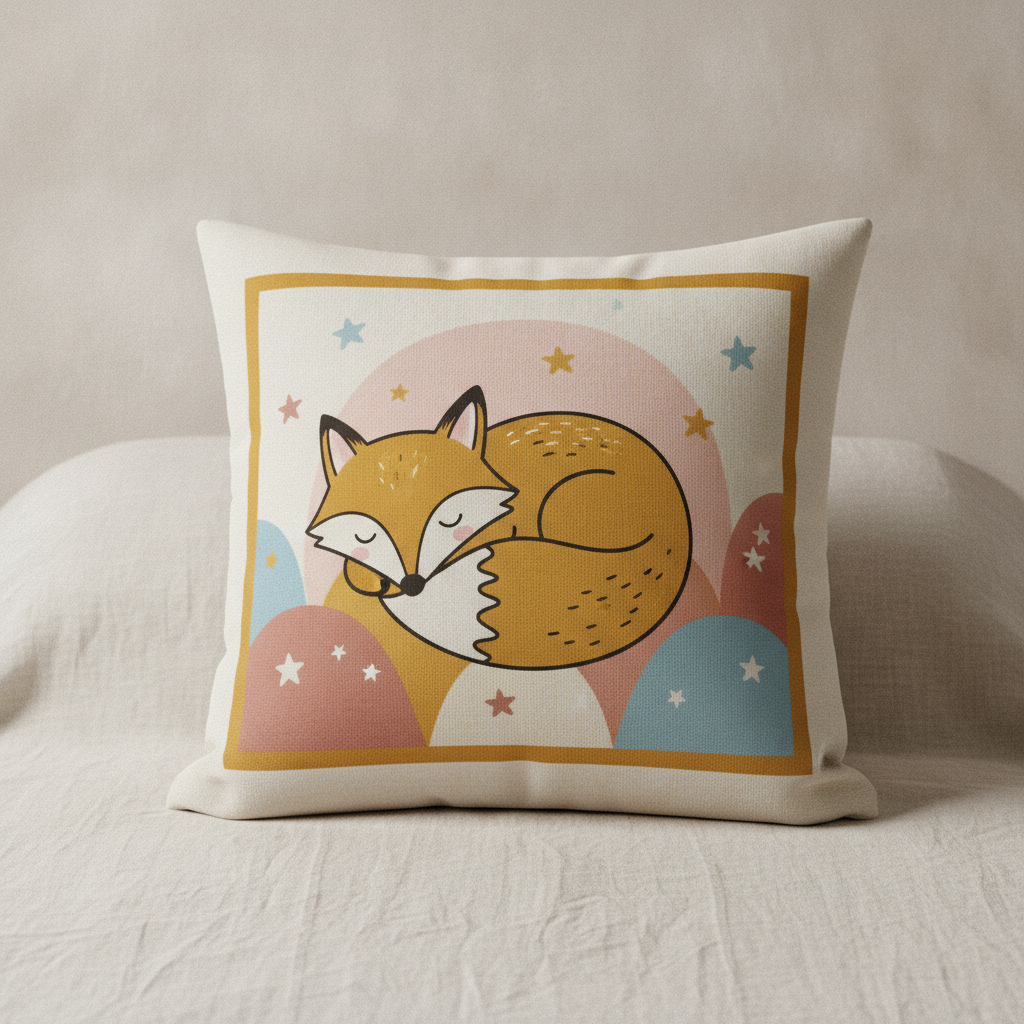Kids throw pillow design from the AI pillow design generator: a sleeping fox curled among rounded hills and tiny stars in mustard, dusty pink, cream and soft blue