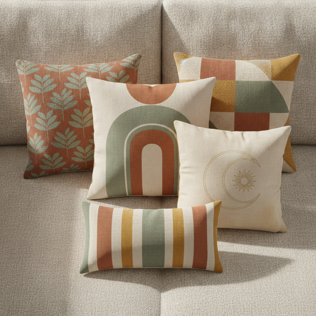 A group of coordinating AI pillow designs on a linen sofa — a terracotta leaf repeat, a stacked arch print, a geometric colour block, a cream cushion with a fine gold moon and sun line drawing and a striped lumbar cushion — sharing one palette of terracotta, sage green, warm cream and mustard