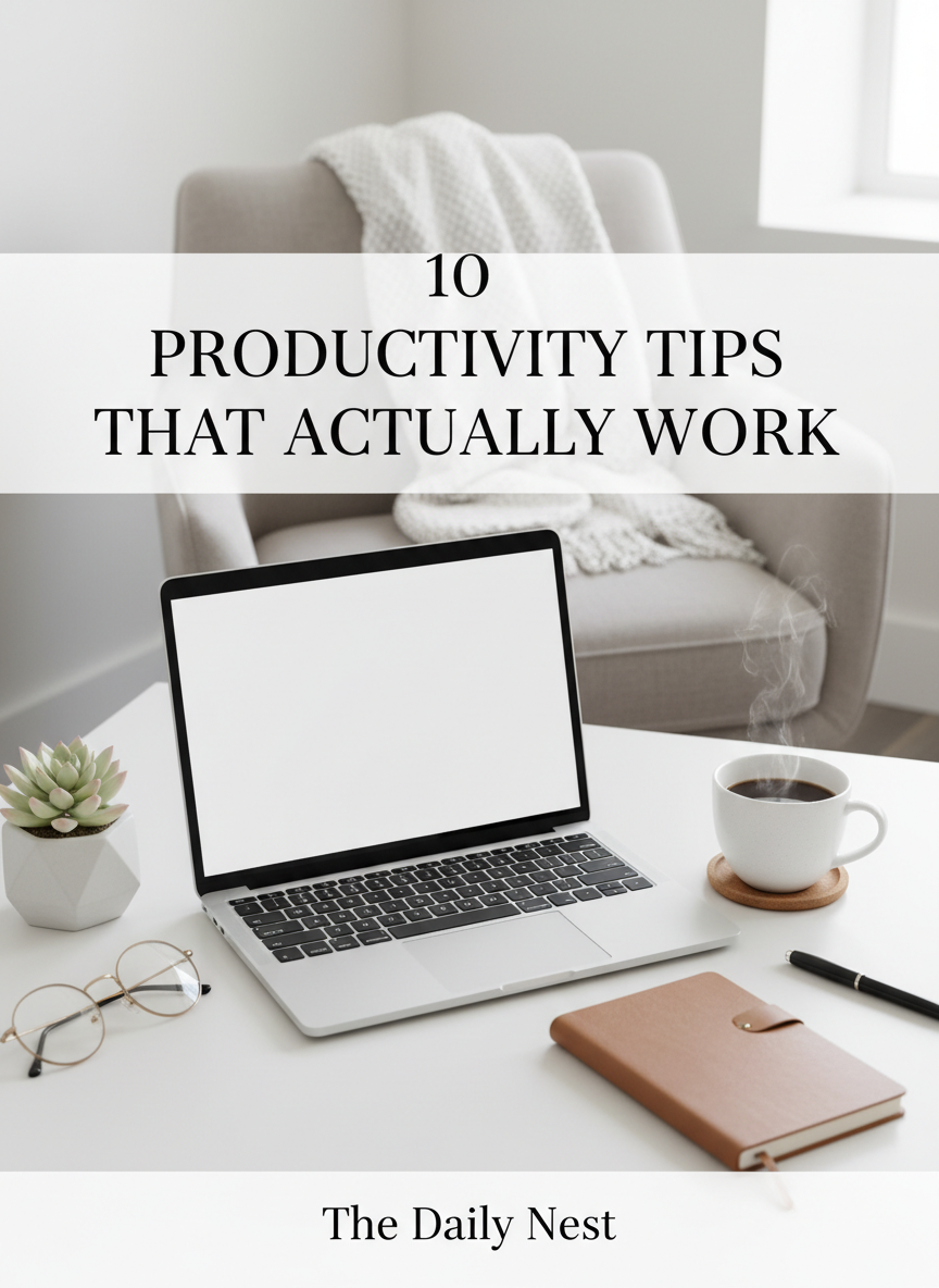 Lifestyle blog Pinterest pin with elegant serif headline about productivity tips created with the AI Pinterest pin generator