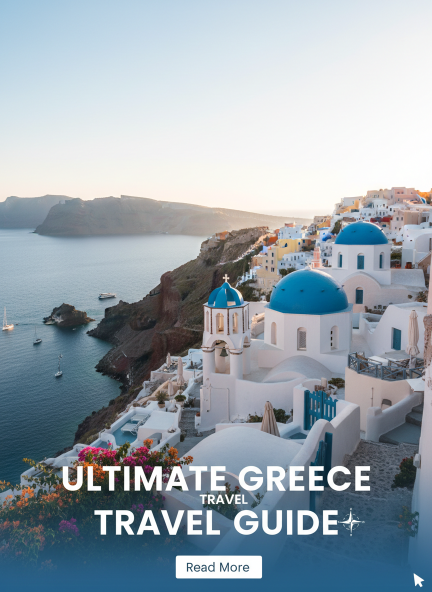 Travel Pinterest pin of Santorini with bold white title text for a Greece travel guide