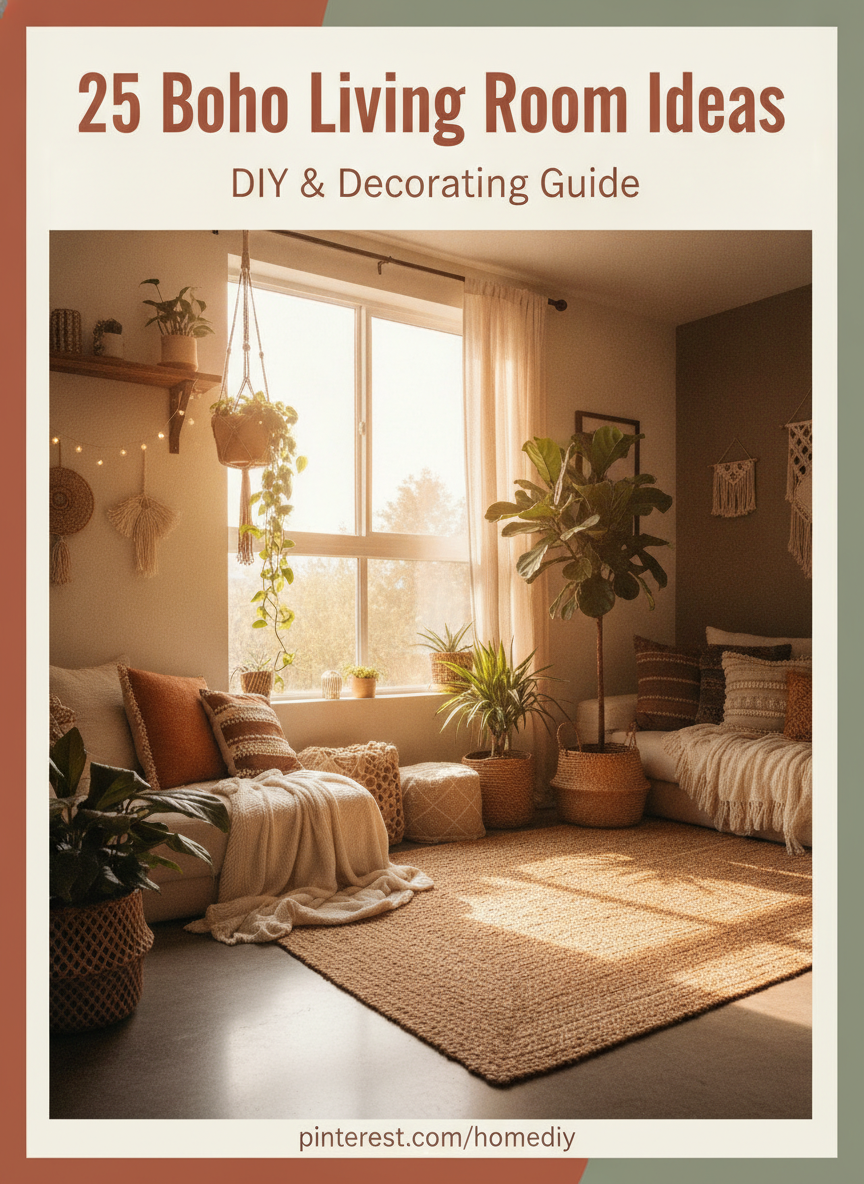 Home decor Pinterest pin with clean headline text for boho living room ideas