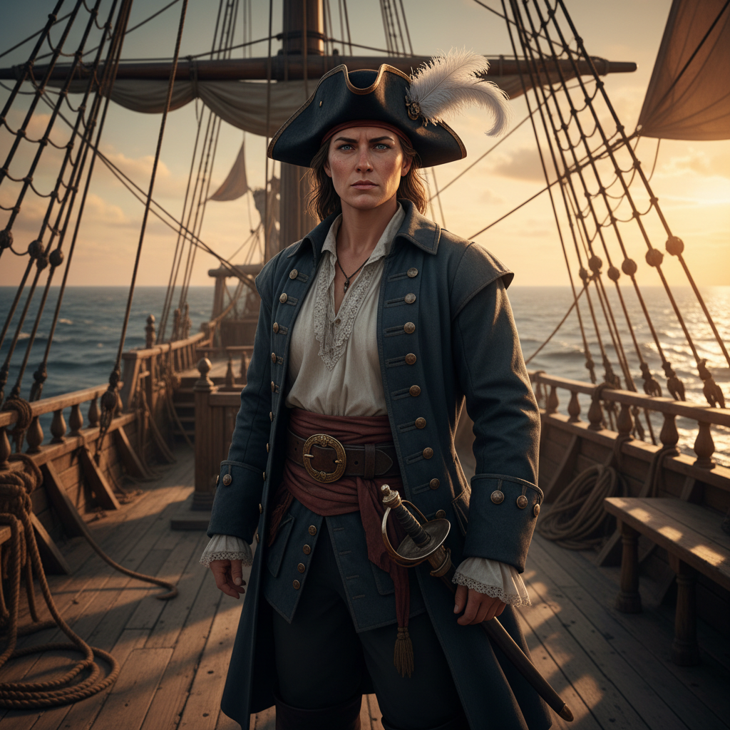 AI pirate generator result showing a person turned into a classic pirate captain in a black tricorn hat and a long gold-buttoned coat on the deck of a wooden sailing ship, real face preserved