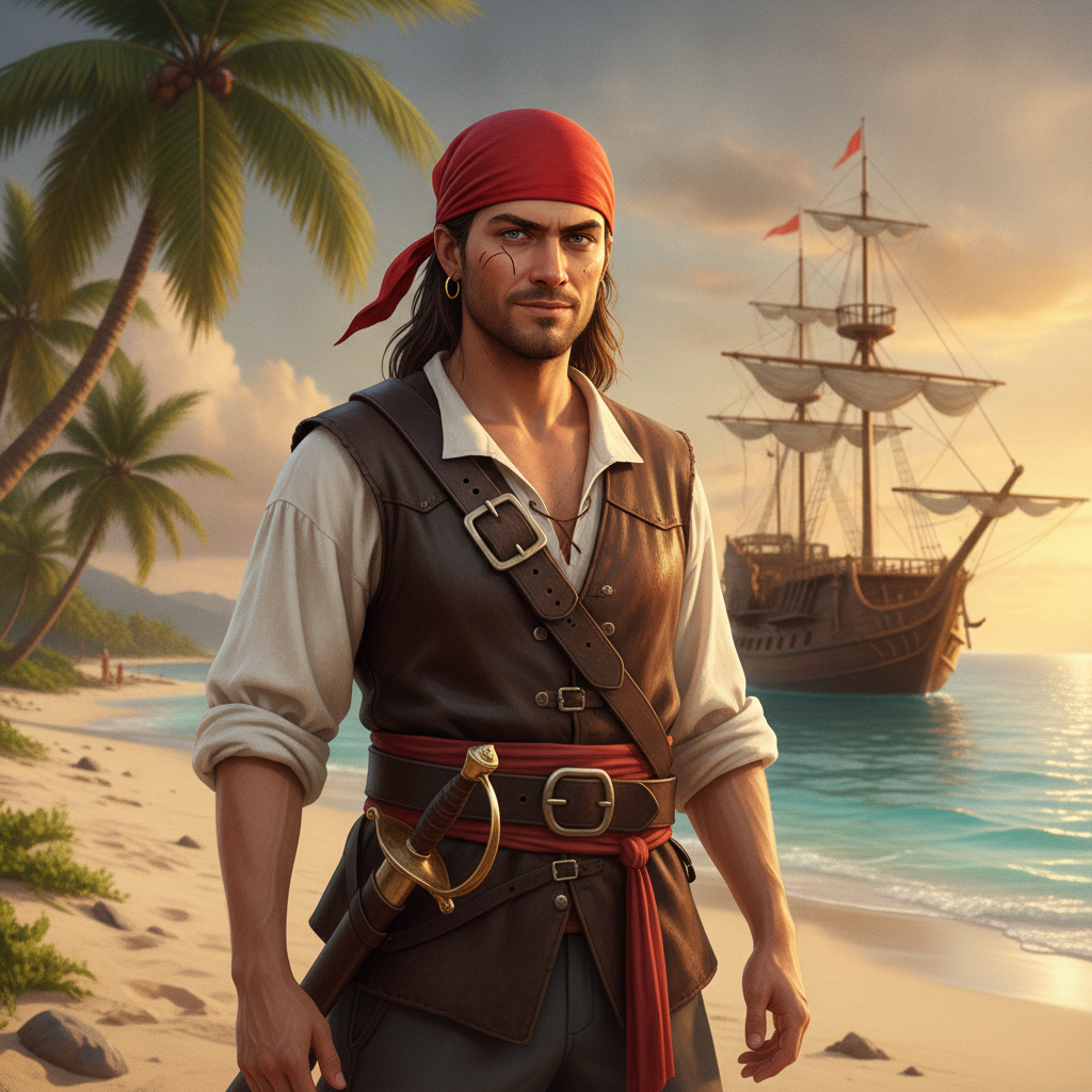 AI pirate generator result showing a person as a swashbuckler with a red bandana and leather vest, a cutlass and gold earring, on a tropical beach with a pirate ship anchored offshore, real face kept recognizable