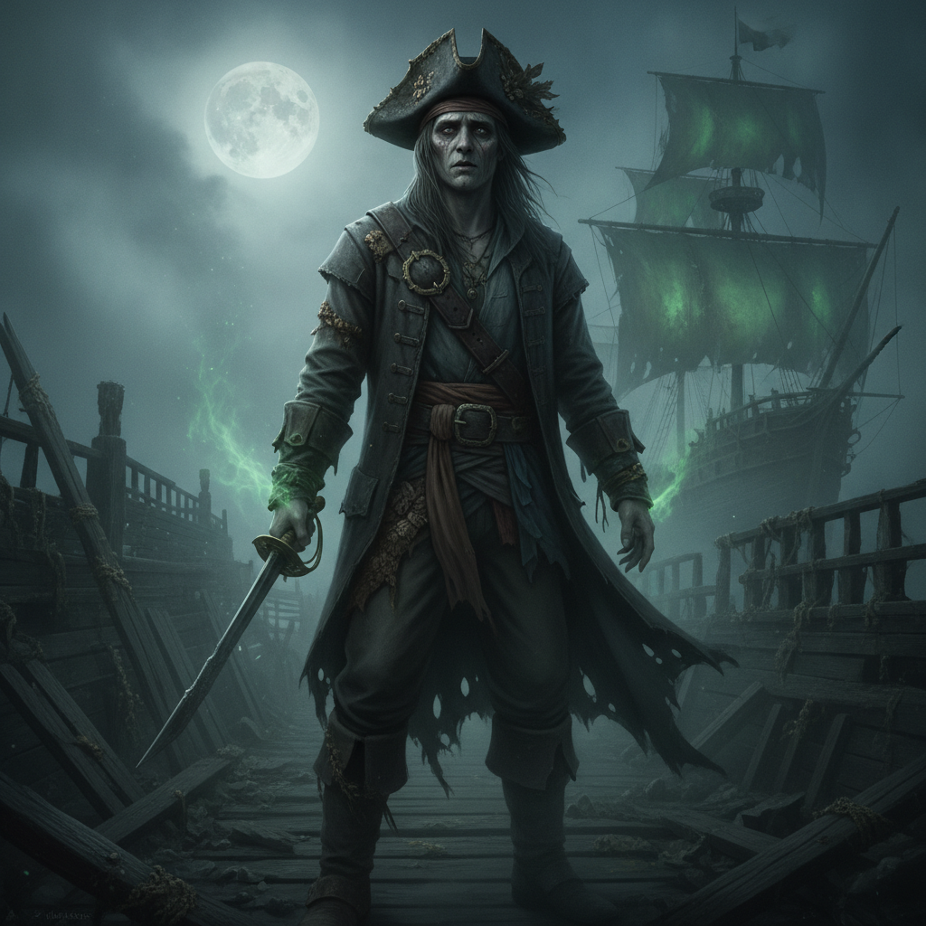 AI pirate generator result showing a person as a cursed ghost pirate in tattered clothing with glowing green spectral mist in a moonlit foggy shipwreck, real facial features recognizable