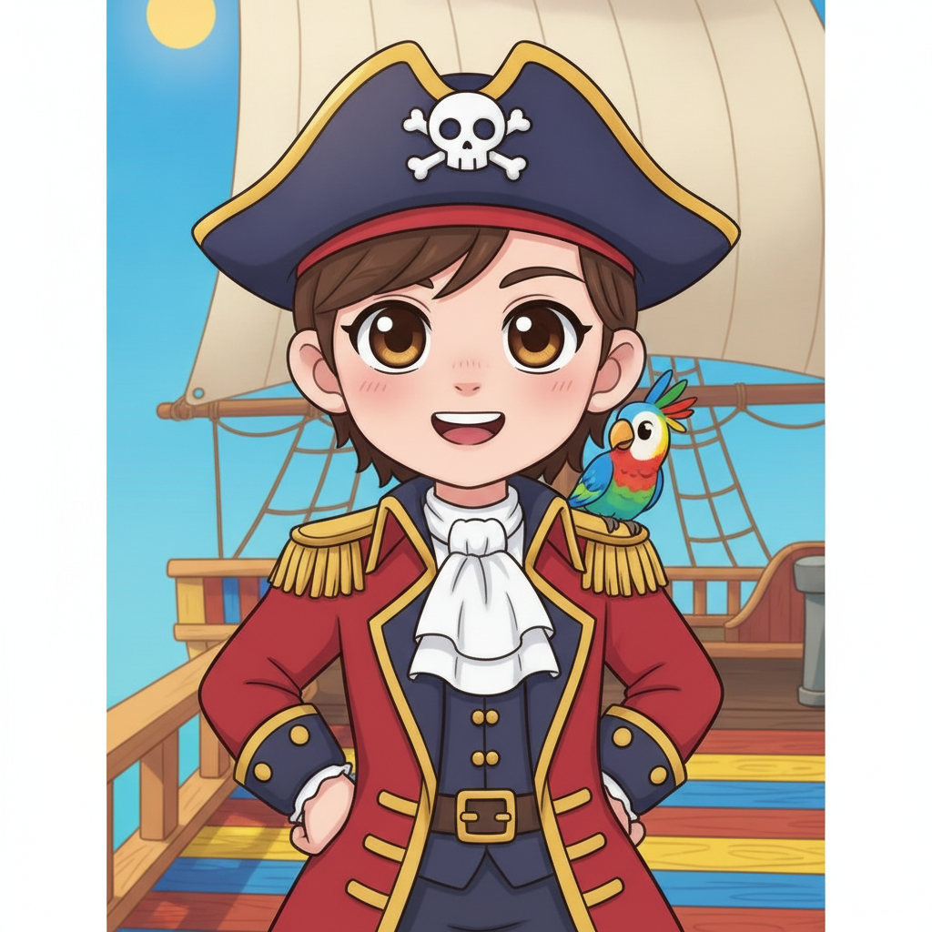 AI pirate generator result showing a person as a cute anime-style pirate with a little skull-emblem tricorn hat and a tiny parrot on the shoulder on a colorful cartoon ship deck, real facial features recognizable