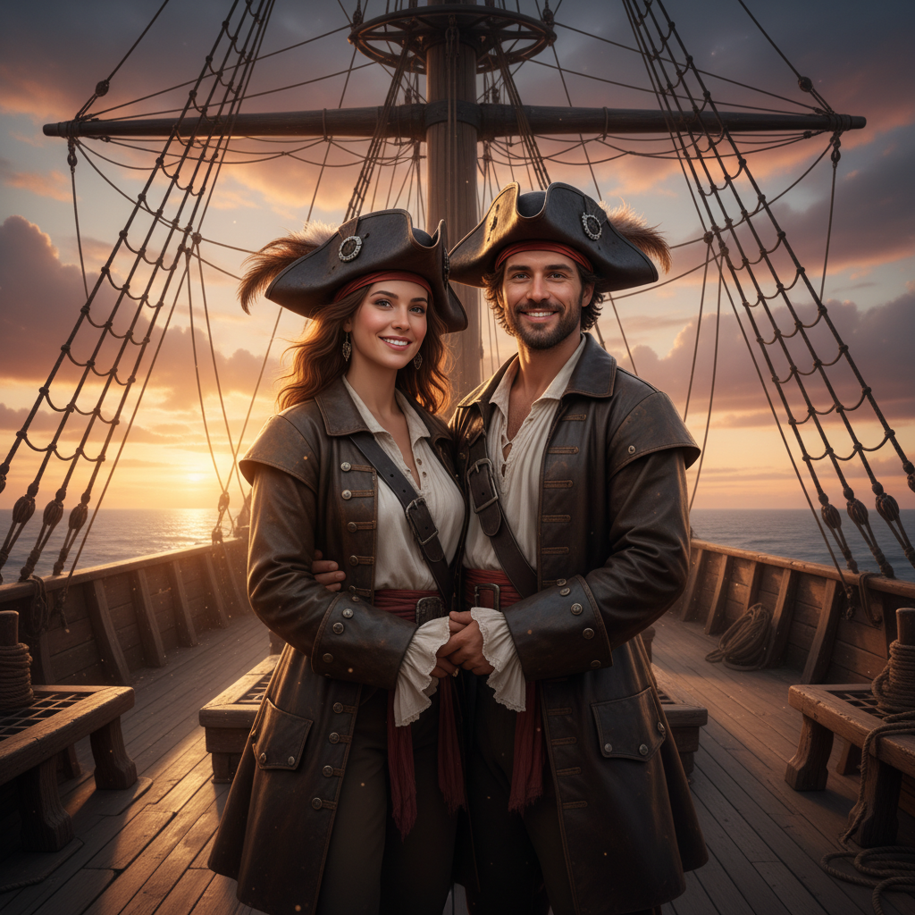 AI pirate generator result showing a couple turned into two matching pirates in tricorn hats and leather coats on a sailing ship deck at sunset, both real faces preserved